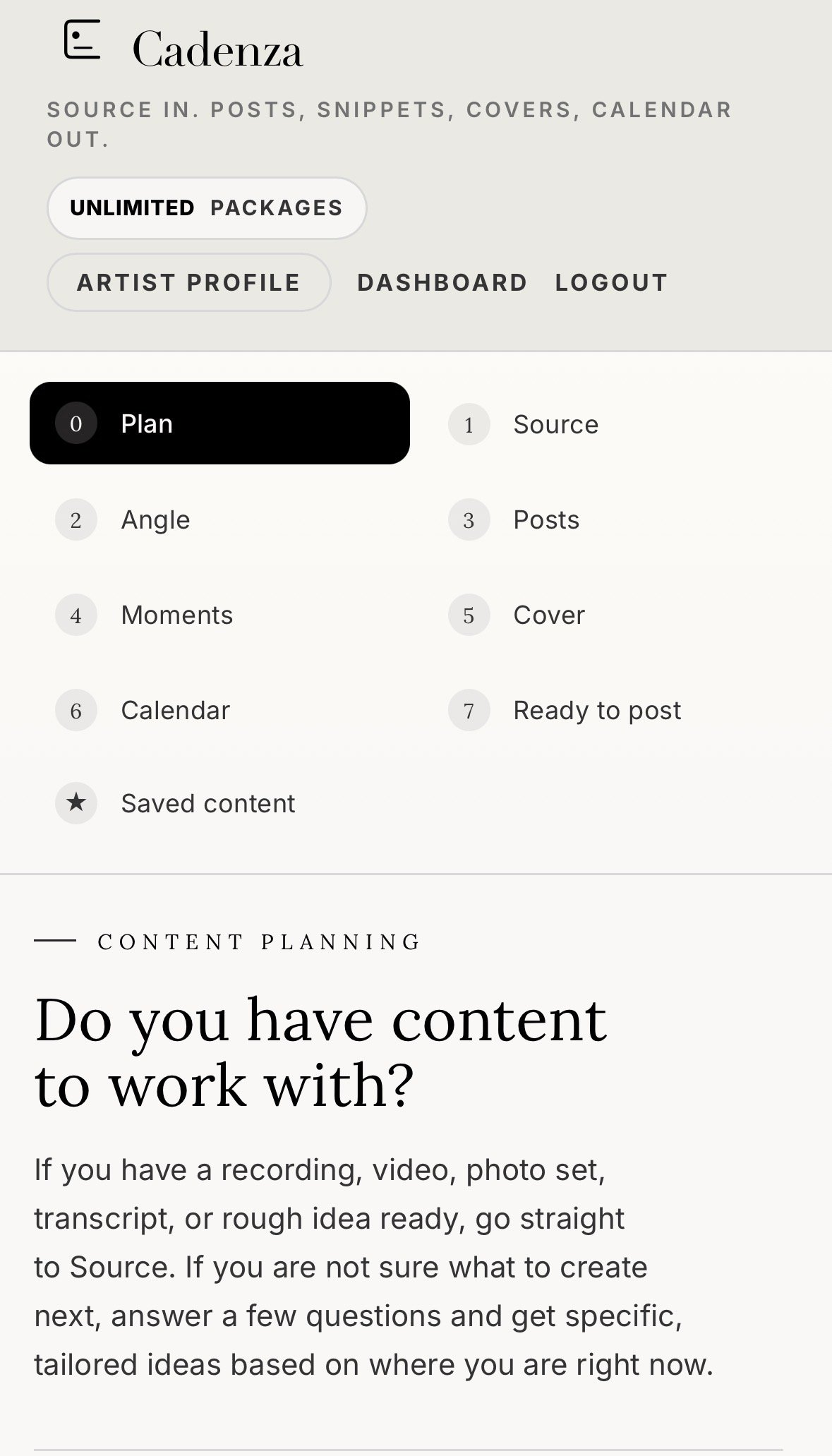Cadenza workspace showing the planning stage on mobile