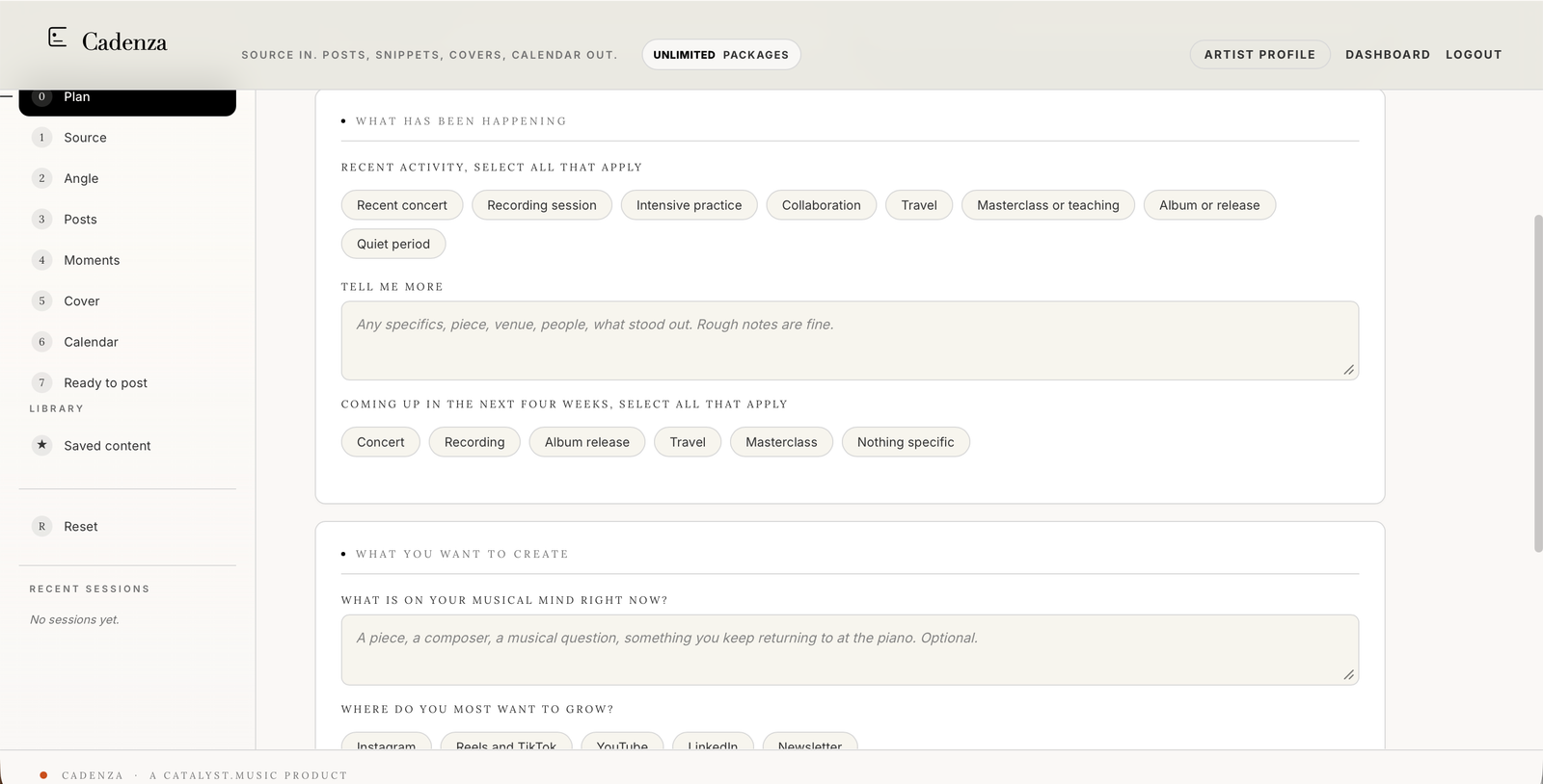 Cadenza idea planning screen on desktop